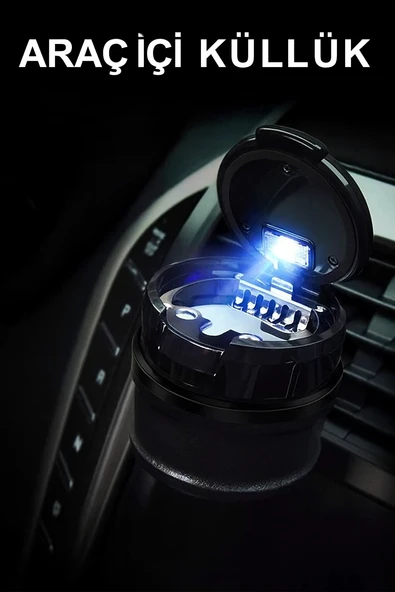Araç İçi Işıklı Seramik Küllük Bardaklıklı Havalandırma Tip Kapaklı Mavi Renk Işıklı