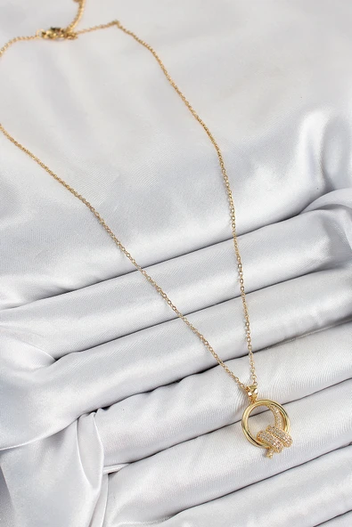 316L Çelik Zirkon Taşlı Düğüm Model Gold Renk Kadın Kolye - TJ-BKO10349 - Resim 2