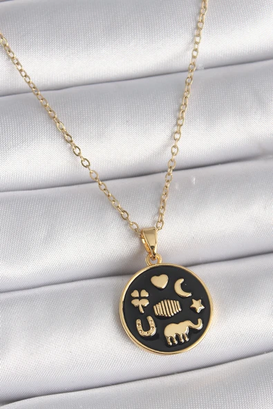 316L Çelik Gold Renk Siyah Şans Kolyesi - TJ-BKO9547 ürün görseli