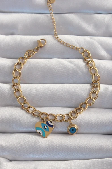 316L Çelik Gold Renk Nazarlı Kalp Model Zincir Bileklik - TJ-BB6227 ürün görseli