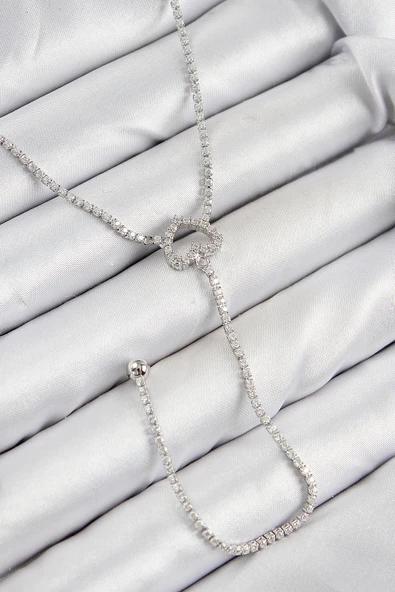 Pirinç Zirkon Taşlı Kalp Model Gümüş Renk  Y Kolye - TJ-BKO10447 ürün görseli