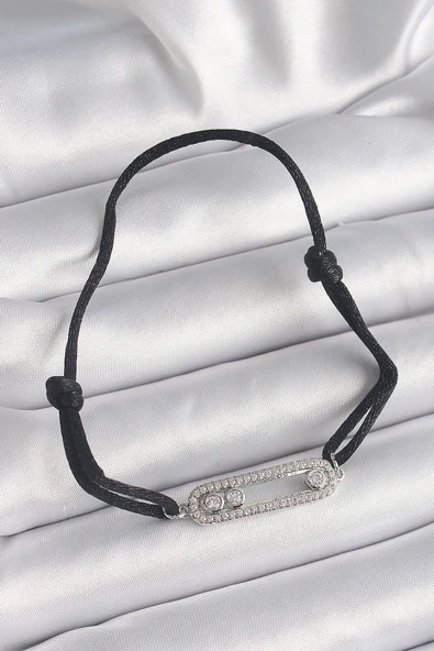 Siyah Renk İpli Asansör Zirkon Taşlı Gümüş Messika Model Kadın Bileklik - TJ-BB6580 ürün görseli