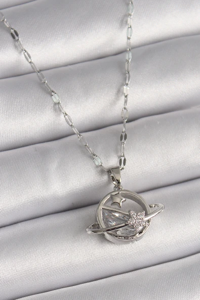 316L Çelik Gümüş Renk Zincir Zirkon Taşlı Yıldız Detay Gezegen Model Kadın Kolye - TJ-BKO9643 ürün görseli