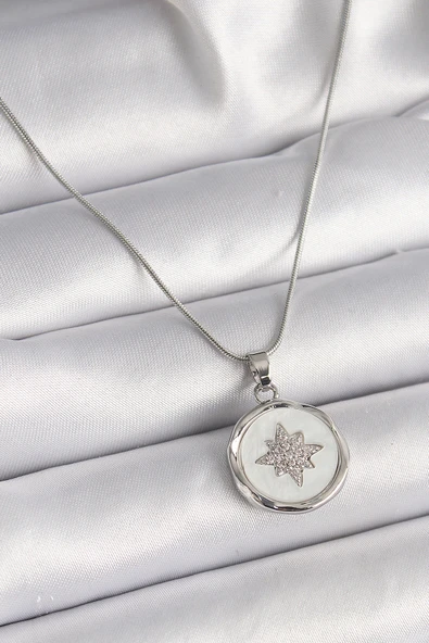 316L Çelik Gümüş Renk Zincir Beyaz Sedefli Zirkon Taşlı Yıldız İşleme Model Kadın Kolye - TJ-BKO9635 ürün görseli