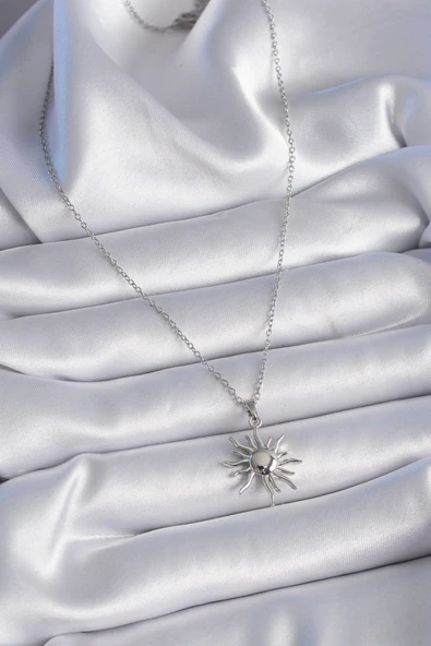 316L Çelik Gümüş Renk Zincir Güneş Figür Kadın Kolye - TJ-BKO9431 - Resim 2