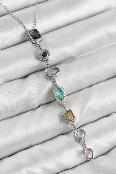 Pirinç Renkli Zirkon Taşlı Model Gümüş Renk Kadın Y Kolye - TJ-BKO10440 ürün görseli