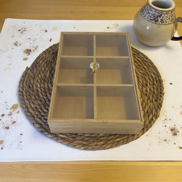 Kapaklı çay saklama kutusu - poşet çay saklama kabı - çay kutusu bambu 6 bölmeli ürün görseli