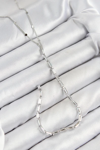 Pirinç Zirkon Taşlı Model Gümüş Renk Y Kolye - TJ-BKO10451 ürün görseli