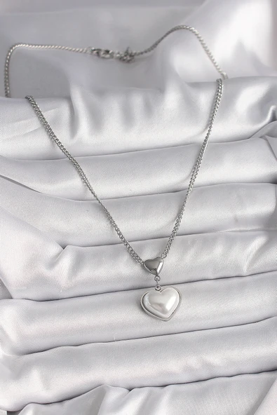 316L Çelik Gümüş Renk Zincir 3D Kalp Model Kadın Kolye - TJ-BKO9771 - Resim 2