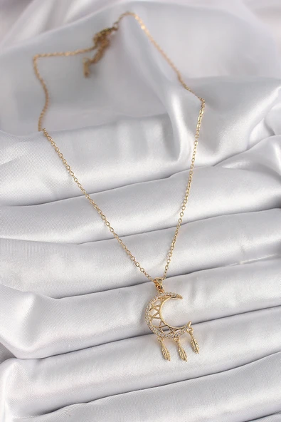 316L Çelik Gold Renk Zincir Zirkon Taşlı Hilal Model Sallantı Yaprak Detay Kadın Kolye - TJ-BKO9650 - Resim 2