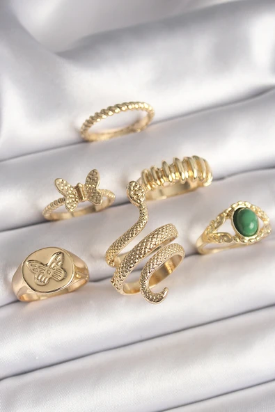 Pirinç Gold Renk İşlemeli Yılan Model Kelebek Detay 6'Lı Kadın Yüzük Seti - TJ-BYK3611 ürün görseli
