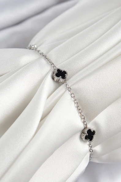 316L Çelik Siyah Sedef Yonca Model Gümüş Renk Kadın Bileklik - TJ-BB7360 ürün görseli