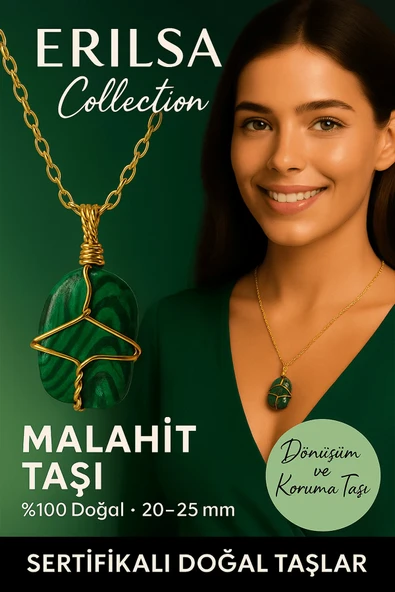 Sertifikalı Gold Renkli Doğal Tel Sargılı Malahit Taşı Kolye – Dönüşüm ve Koruma Taşı ürün görseli