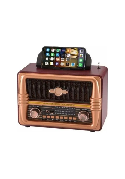 NS-8079 Büyük Boy Telefon Tutma Aparatlı Retro Ahşap Tasarım Bluetooth Hoparlörlü Radyo Fm/am - Resim 2