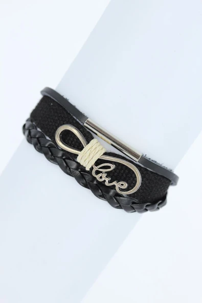 Metal Aksesuarlı Siyah Renk Deri Bileklik - TJ-EB1716 ürün görseli