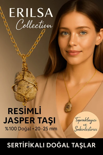 Sertifikalı Gold Renkli Kahverengi Resimli Jasper Taşı Kolye – Topraklayıcı ve Sakinleştirici ürün görseli