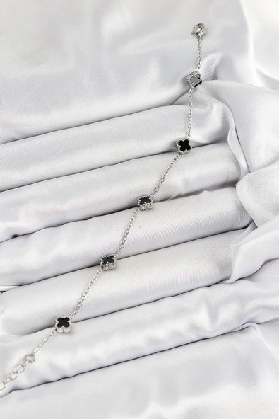 316L Çelik Siyah Sedef Yonca Model Gümüş Renk Kadın Bileklik - TJ-BB7360 - Resim 2