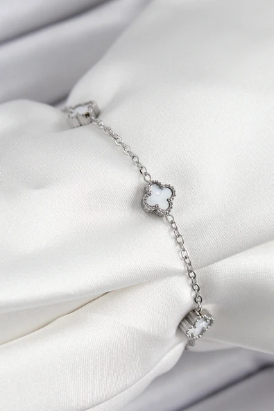 316L Çelik Beyaz Sedef Yonca Model Gümüş Renk Kadın Bileklik - TJ-BB7361 ürün görseli