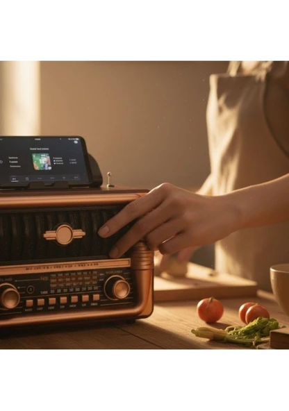 NS-8079 Büyük Boy Telefon Tutma Aparatlı Retro Ahşap Tasarım Bluetooth Hoparlörlü Radyo Fm/am - Resim 4