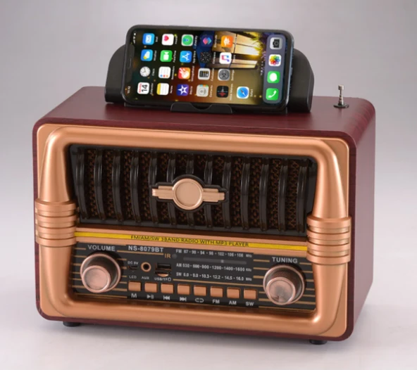 NS-8079 Büyük Boy Telefon Tutma Aparatlı Retro Ahşap Tasarım Bluetooth Hoparlörlü Radyo Fm/am ürün görseli