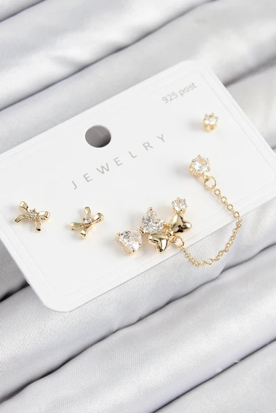 Pirinç Zirkon Taşlı Fiyonk Model Gold Renk 925 Ayar Gümüş Çivi Kadın Küpe Set - TJ-BKP11156 ürün görseli