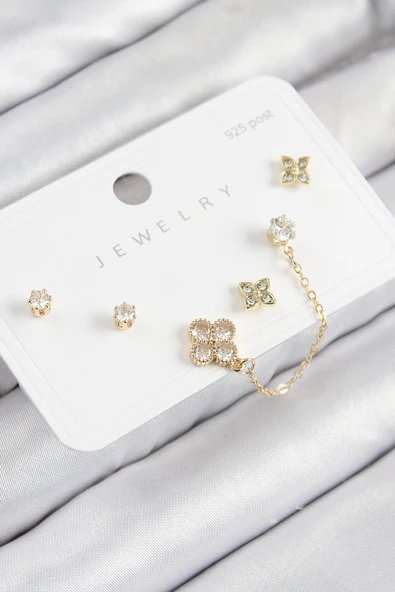Pirinç Zirkon Taşlı Yonca Model Gold Renk 925 Ayar Gümüş Çivi Kadın Küpe Set - TJ-BKP11158 ürün görseli