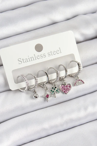 Pirinç Zirkon Taşlı Karpuz Yonca Kalp Pusula Karışık Model Gümüş Renk 6'lı Set Kadın Küpe - TJ-BKP10757 ürün görseli
