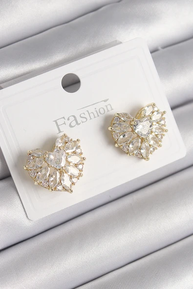 Pirinç Gold Renk Zirkon Taşlı Kalp Model Kadın Küpe - TJ-BKP9750 ürün görseli