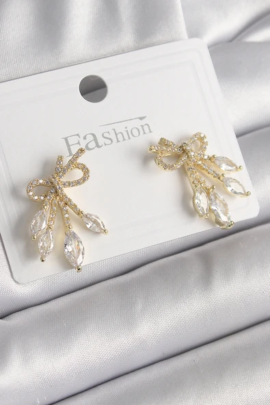 Pirinç Gold Renk Zirkon Taşlı Düğüm Model Damla Zirkon Taşlı Kadın Küpe - TJ-BKP9971 ürün görseli