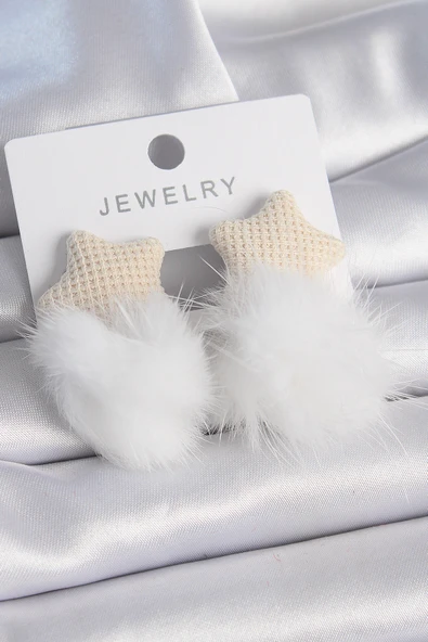 Beyaz Renk Tüylü Yıldız Ponpon Model Kadın Küpe - TJ-BKP9557 ürün görseli