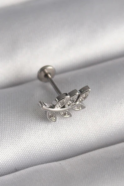 316L Çelik Gümüş Renk Dal Model Zirkon Taş Detaylı Tragus Piercing - TJ-PR1343 ürün görseli