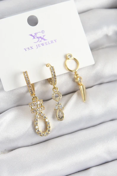 Pirinç Zİrkon Taşlı Sallantılı Model Gold Renk 3'lü Kadın Küpe - TJ-BKP10939 ürün görseli