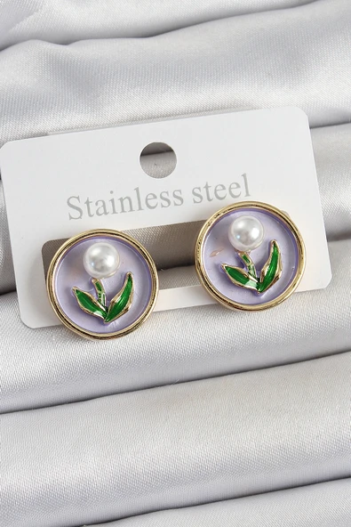 Pirinç Mor Mineli Lale Figürlü Sanatsal Portre Model Gold Renk Kadın Küpe - TJ-BKP10676 ürün görseli