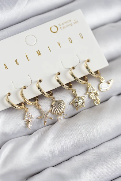 Pirinç Zirkon Taşlı İstiridye Balina Ve Yıldız Gold Renk 6'lı Küpe Set - TJ-BKP11203 ürün görseli