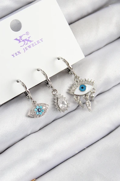 Pirinç Zirkon Taşlı 3'lü Fatma'nın Gözü Model Gümüş Renk Kadın Küpe - TJ-BKP11130 ürün görseli