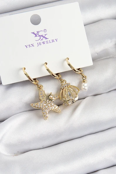 Pirinç Zİrkon Taşlı Deniz Yıldızı Ve İstiridye Model Gold Renk 3'lü Kadın Küpe - TJ-BKP10944 ürün görseli
