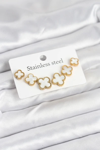 316L Çelik Gold Beyaz Renk 3 Boy Yonca Küpe Seti - TJ-BKP11237 ürün görseli