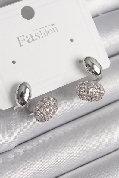 Pirinç Gümüş Renk Zirkon Taşlı Bombeli Model Kadın Küpe - TJ-BKP9753 ürün görseli