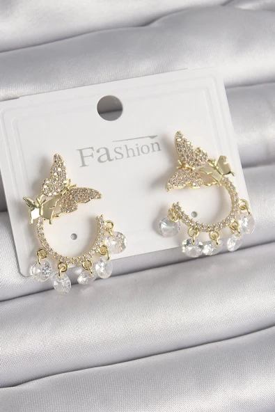 Pirinç Gold Renk Zirkon Taşlı Sallantı Detay Kelebek Model Kadın Küpe - TJ-BKP9901 ürün görseli