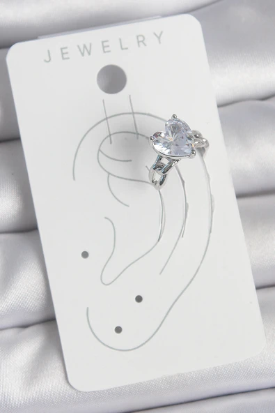 Pirinç Gümüş Renk Zirkon Taşlı Kalp Model Kadın Kıkırdak Küpe - TJ-BKP10563 - Resim 2