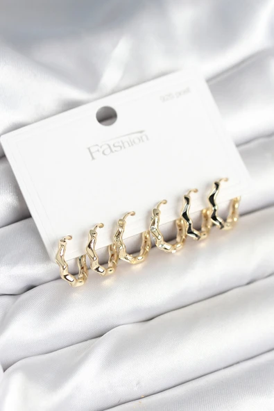 Gold Renk Pirinç Zikzak Model 925 Ayar Gümüş Çivili Kadın Küpe Seti - TJ-BKP11264 ürün görseli 1