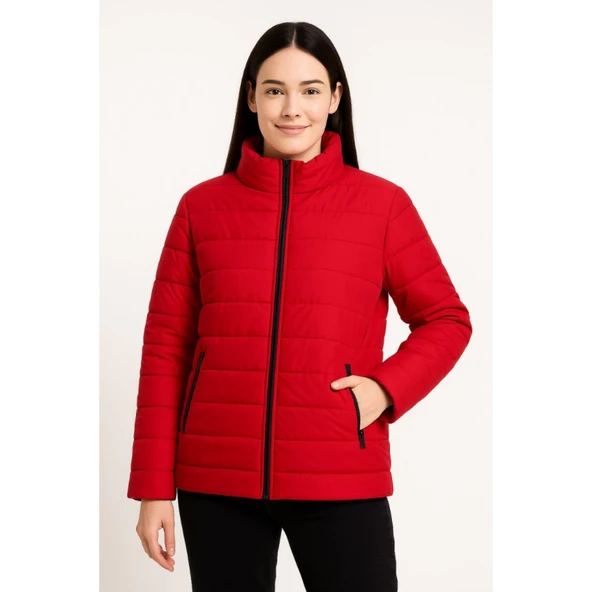 Lucky Life Bomber Mont Ceket – Su İtici Kumaş, Kapitone Astarlı, Fermuarlı, Kışlık - Kırmızı - 4