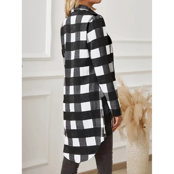 Lucky Life Kadın Uzun Kollu Ekoseli önden Düğmeli Dokuma Uzun Gömlek - 5