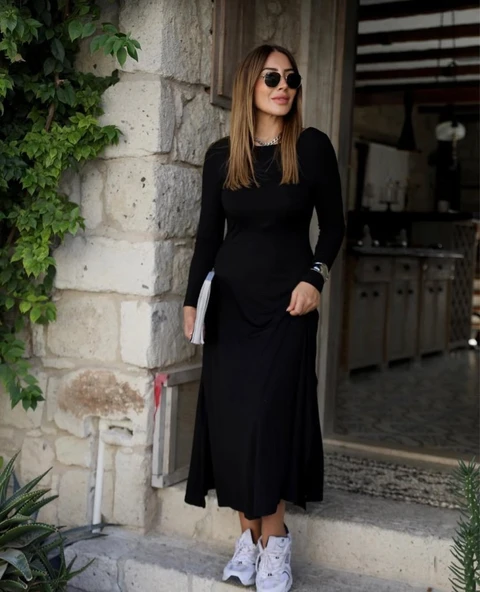 Lucky Life Kadın Uzun Kollu Bisiklet Yaka Arkası çapraz Detaylı Viskon Iki Iplik Maxi Elbise - Resim 3