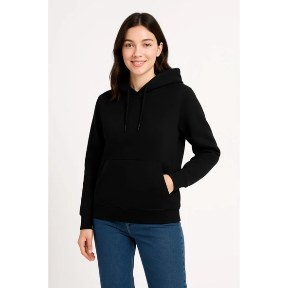 Lucky Life Üç İplik Kapüşonlu Kanguru Çepli SweatShirt Hoodie - Siyah - 4