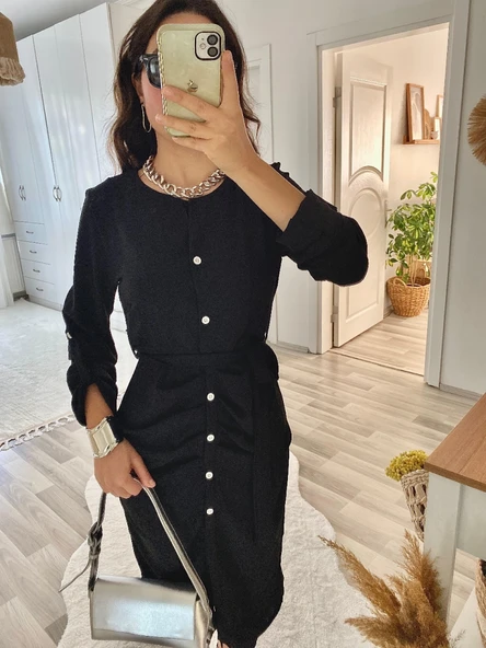 Lucky Life Kadın Uzun Kollu önden Düğmeli Beli Kuşaklı Aerobin Midi Elbise - Resim 10