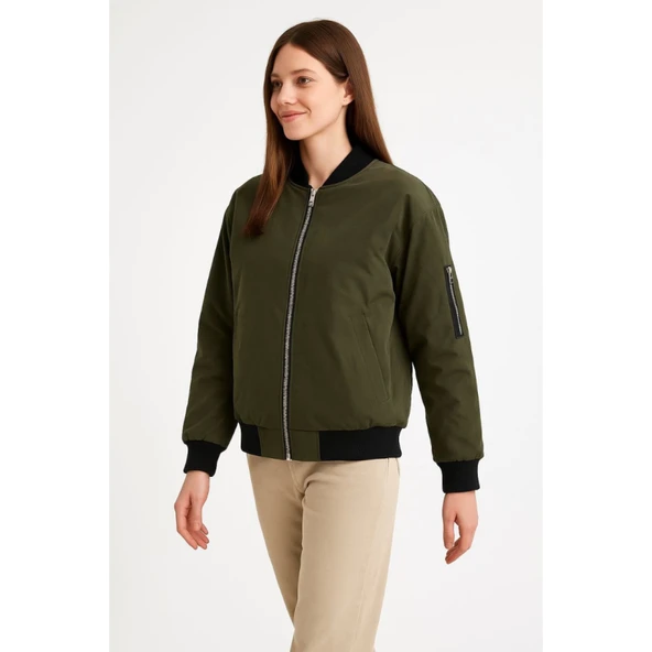 Içi Astarlı Fermuarlı Lucky Life Bomber Mont Ceket - Haki