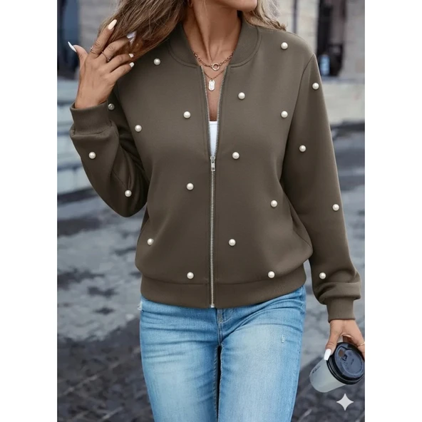 Lucky Life Kadın Uzun Kollu önden Fermuarlı Incili Kısa Modal Ceket - Resim 4