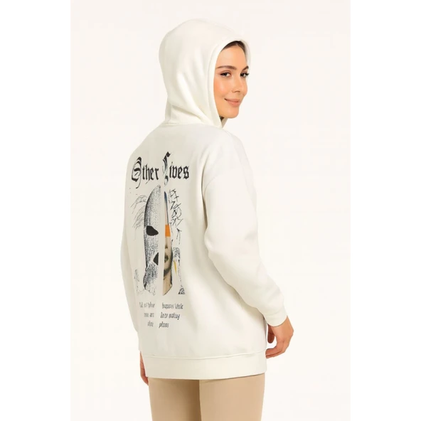 Lucky Life Üç İplik Kapşonlu ön Ve Arka Baskılı SweatShirt Hoodie- Beyaz - 2