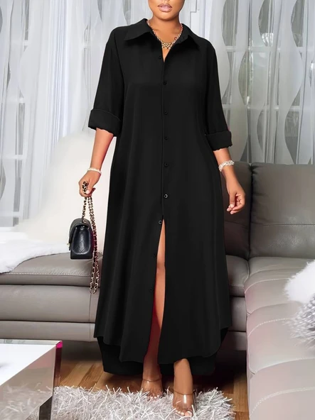 Lucky Life Kadın Uzun Kollu Yakalı önden Düğmeli Uzun Dokuma Elbise - Resim 3